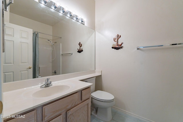 bathroom featuring a shower with shower curtain, vanity, toilet, and tile patterned floors