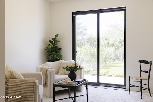 sitting room featuring light colored carpet and a wealth of natural light