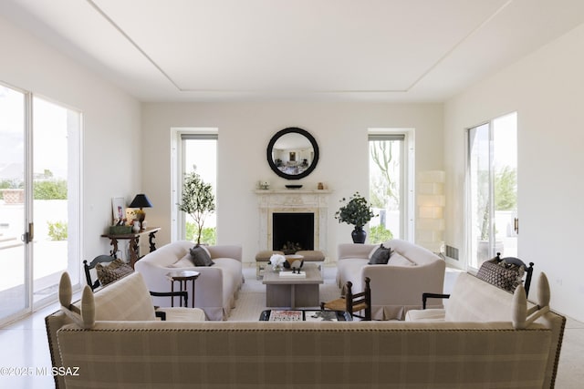 living room featuring a healthy amount of sunlight and a fireplace