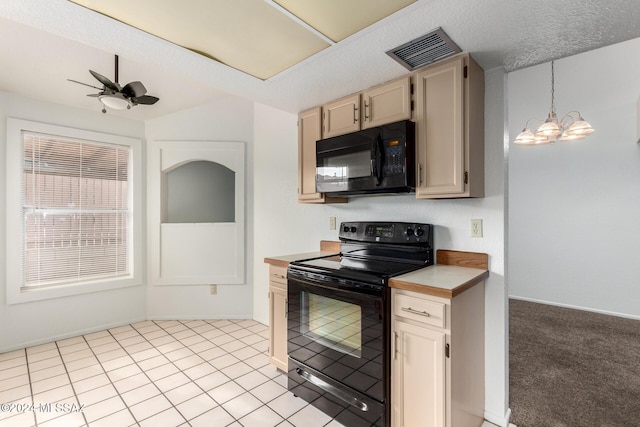 kitchen featuring light carpet, black appliances, ceiling fan with notable chandelier, a textured ceiling, and decorative light fixtures