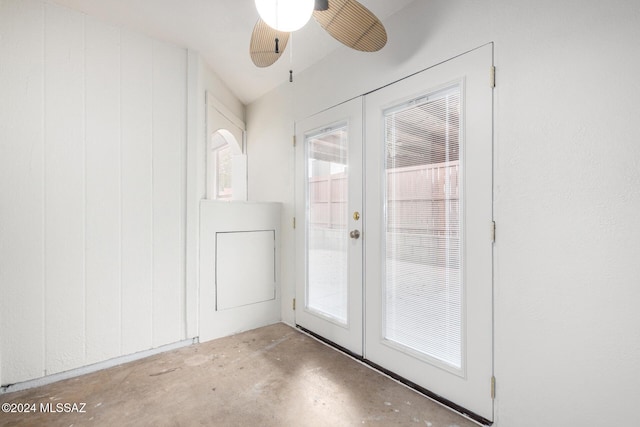 doorway to outside featuring ceiling fan and french doors