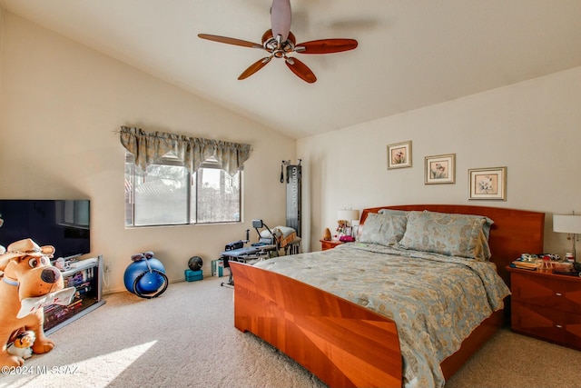 bedroom with ceiling fan, light colored carpet, and lofted ceiling