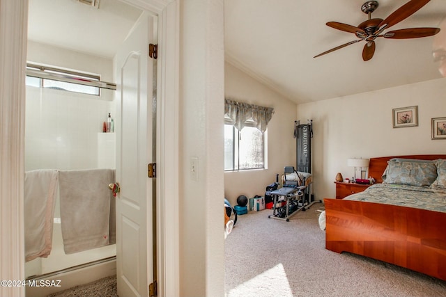 bedroom featuring ceiling fan, carpet, and vaulted ceiling