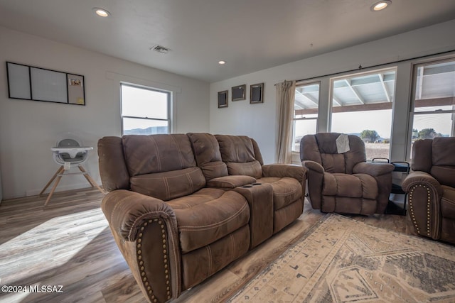 living area with light wood finished floors, plenty of natural light, visible vents, and recessed lighting