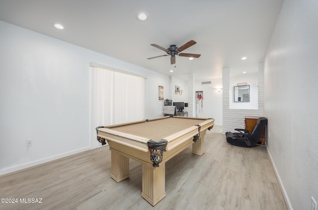 game room featuring ceiling fan, light hardwood / wood-style floors, and billiards