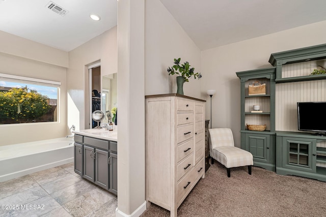 sitting room featuring light carpet and sink