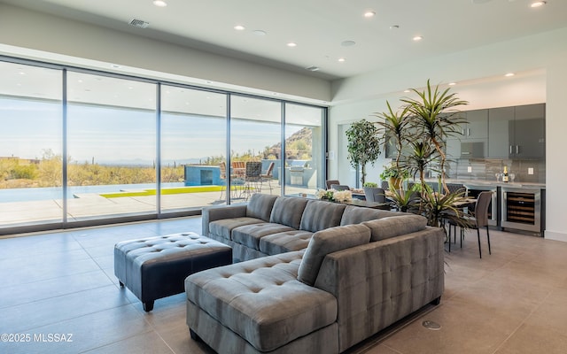 living room featuring wine cooler