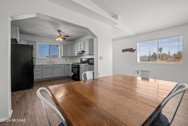 dining space featuring ceiling fan, sink, and dark hardwood / wood-style floors