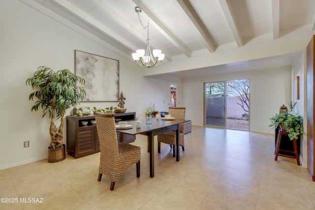 dining area featuring lofted ceiling with beams and a chandelier