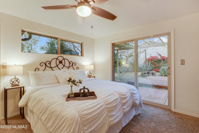 bedroom with access to outside, ceiling fan, and carpet