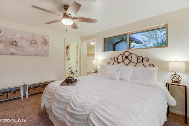 bedroom with ceiling fan and carpet floors