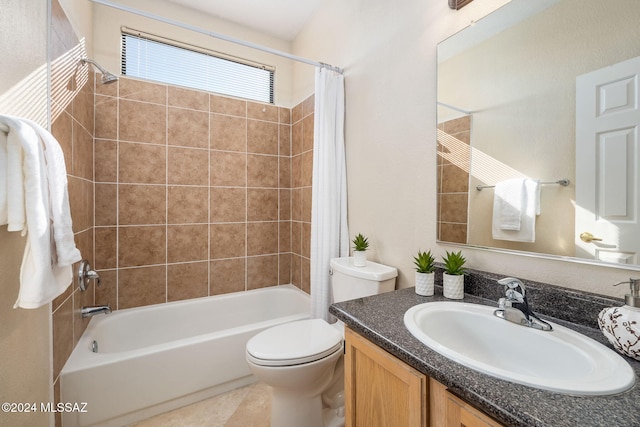 full bathroom featuring toilet, vanity, and shower / tub combo with curtain