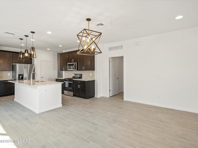 kitchen featuring a kitchen island with sink, appliances with stainless steel finishes, and visible vents