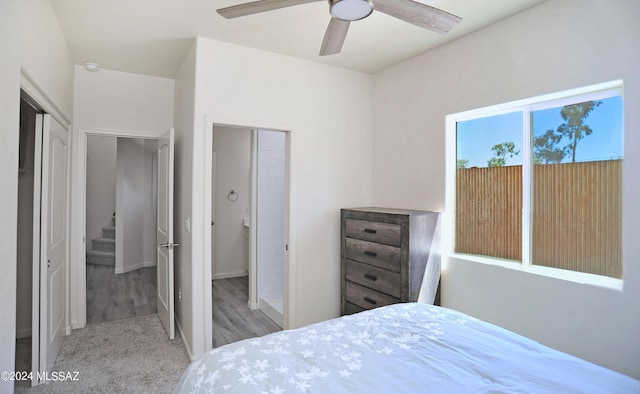 bedroom featuring ceiling fan and light hardwood / wood-style flooring