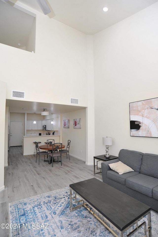 living room featuring light hardwood / wood-style floors and a high ceiling