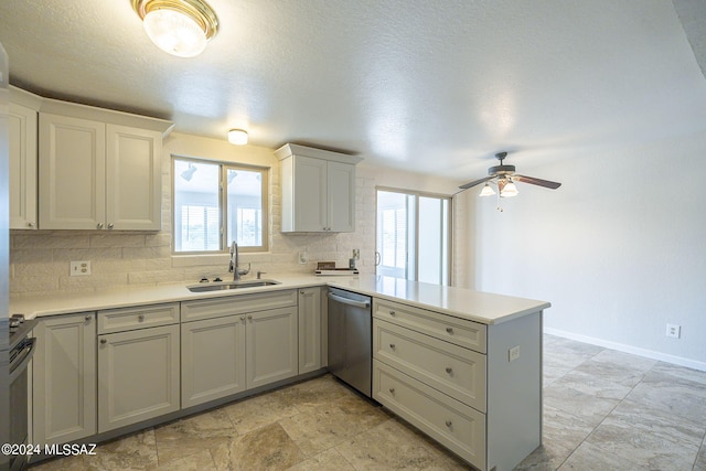 kitchen with ceiling fan, sink, stainless steel appliances, kitchen peninsula, and decorative backsplash