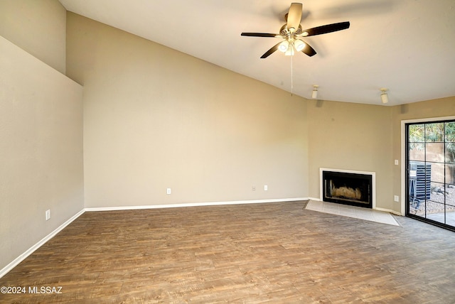 unfurnished living room featuring wood-type flooring and ceiling fan