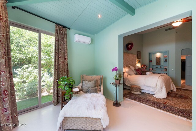 bedroom with access to exterior, wood ceiling, ceiling fan, lofted ceiling with beams, and an AC wall unit