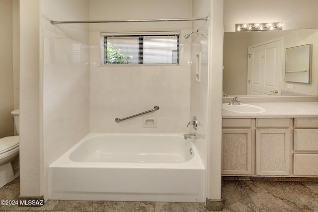 full bathroom with vanity,  shower combination, and toilet