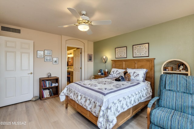 bedroom with ceiling fan and light wood-type flooring