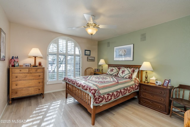 bedroom featuring ceiling fan and light hardwood / wood-style floors