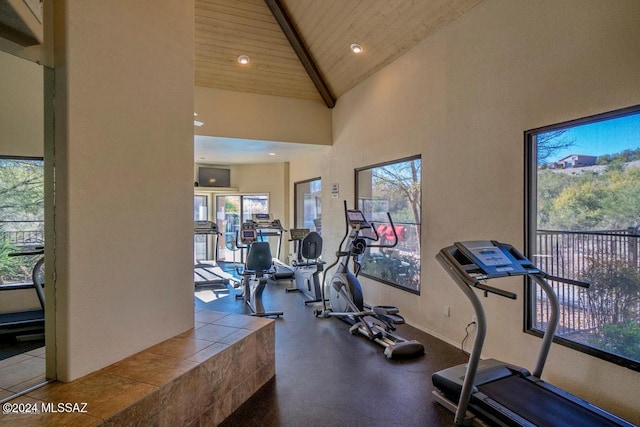 workout area featuring high vaulted ceiling, wood ceiling, and a healthy amount of sunlight