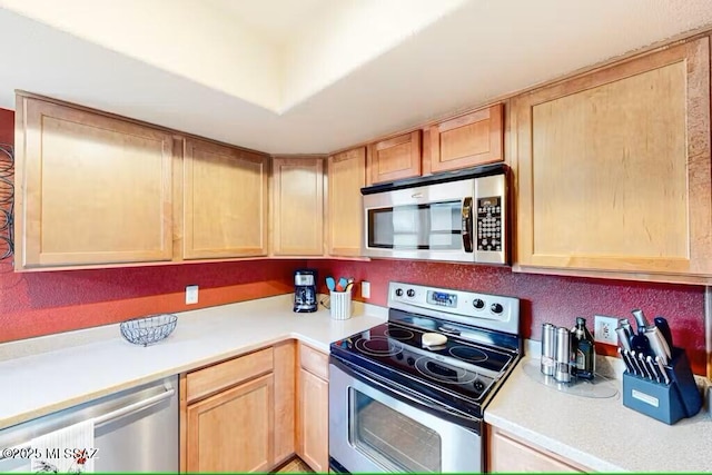 kitchen with light brown cabinetry and appliances with stainless steel finishes