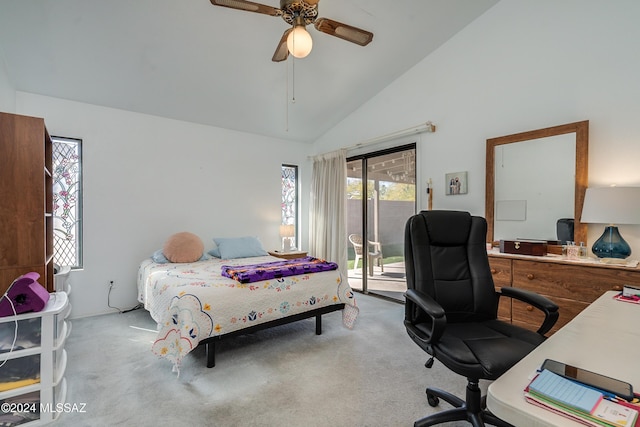 bedroom with ceiling fan, access to exterior, light colored carpet, and high vaulted ceiling