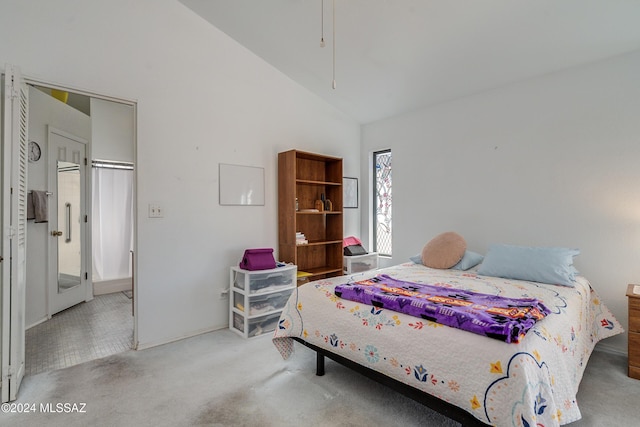 bedroom with high vaulted ceiling and light colored carpet