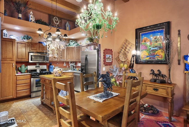 tiled dining room featuring a notable chandelier