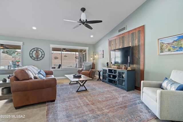 living area with a ceiling fan, recessed lighting, visible vents, and vaulted ceiling