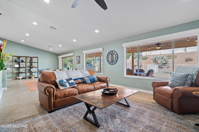 living room featuring tile patterned flooring, recessed lighting, visible vents, baseboards, and vaulted ceiling