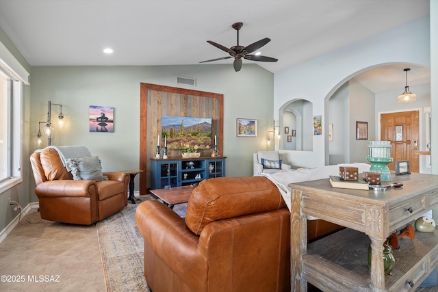 living area with baseboards, visible vents, a ceiling fan, lofted ceiling, and recessed lighting