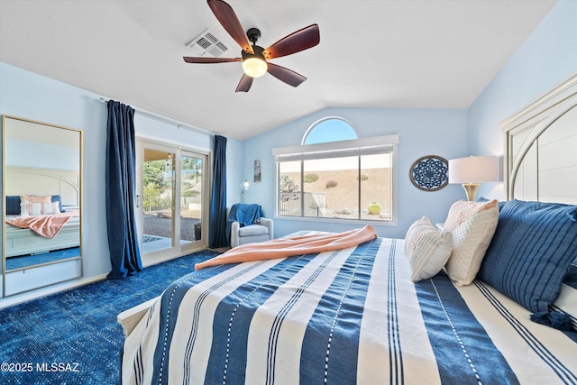 carpeted bedroom featuring vaulted ceiling, access to outside, ceiling fan, and visible vents