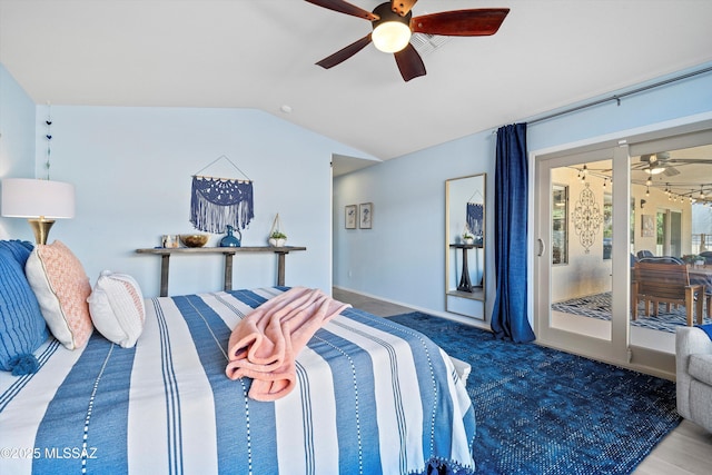 bedroom with lofted ceiling, ceiling fan, and access to exterior