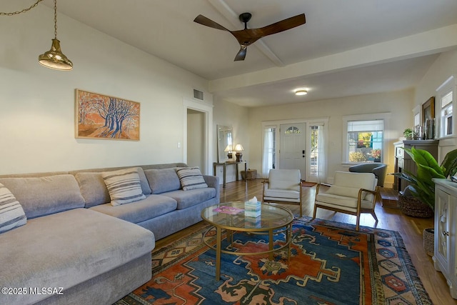 living room with ceiling fan and hardwood / wood-style floors