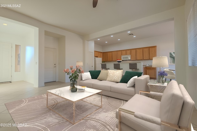 living room with ceiling fan and light tile patterned floors