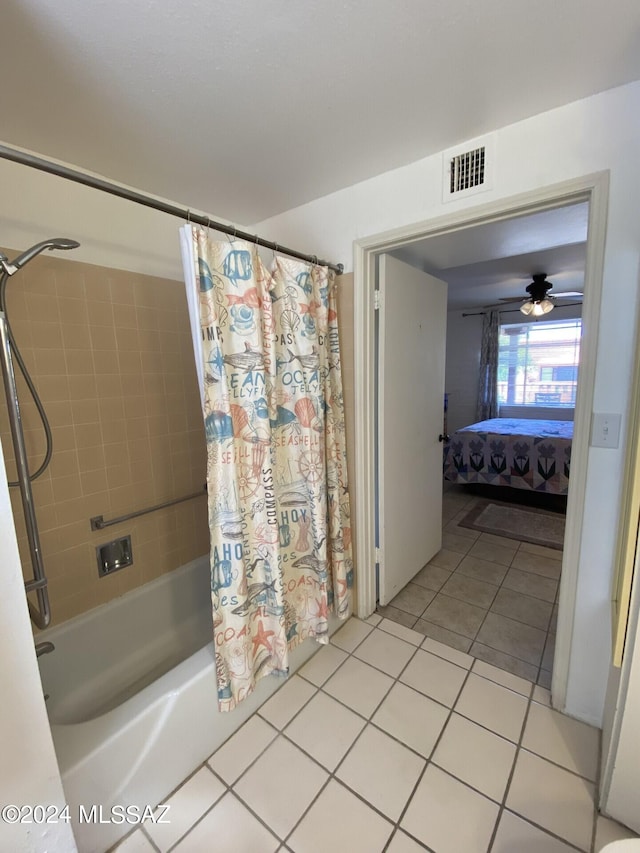 bathroom featuring shower / tub combo, tile patterned floors, and ceiling fan