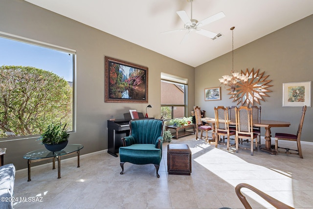 sitting room with baseboards, visible vents, vaulted ceiling, and light tile patterned floors