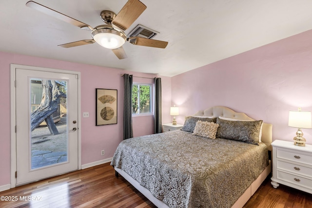 bedroom with hardwood / wood-style flooring, access to outside, and ceiling fan