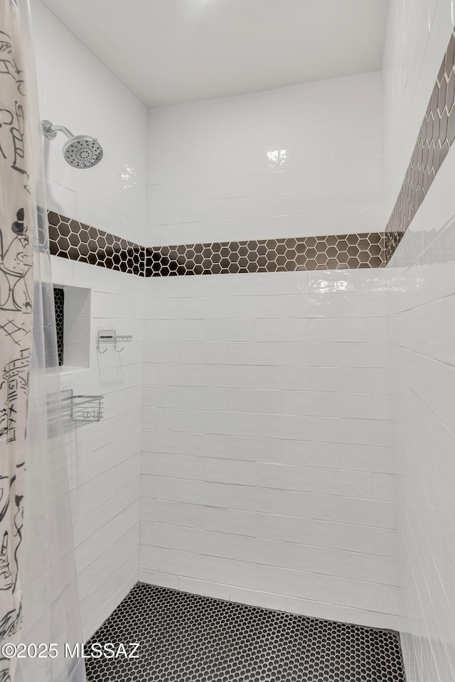 bathroom with a shower with shower curtain