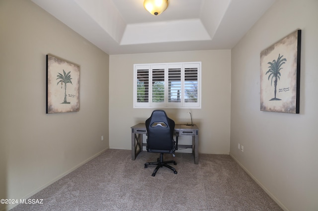carpeted office space featuring a raised ceiling