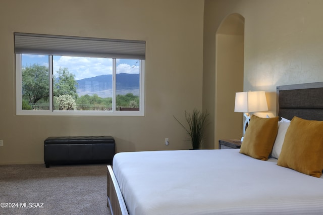 carpeted bedroom with arched walkways, a mountain view, and multiple windows