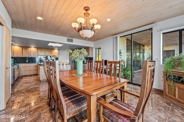 dining area featuring a skylight, wooden ceiling, and an inviting chandelier