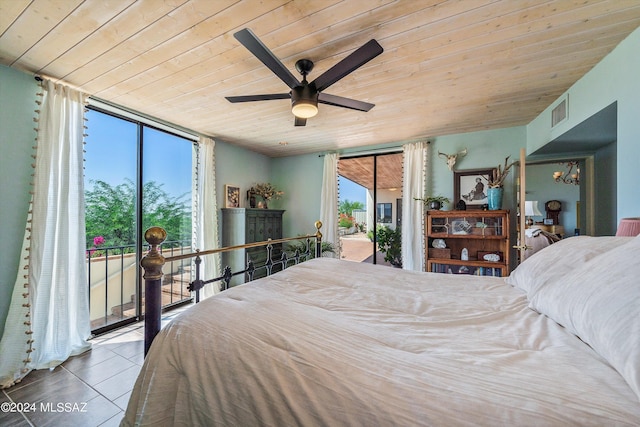 tiled bedroom featuring access to outside, multiple windows, ceiling fan, and wood ceiling