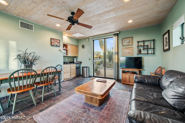 living room with sink, ceiling fan, and wood ceiling