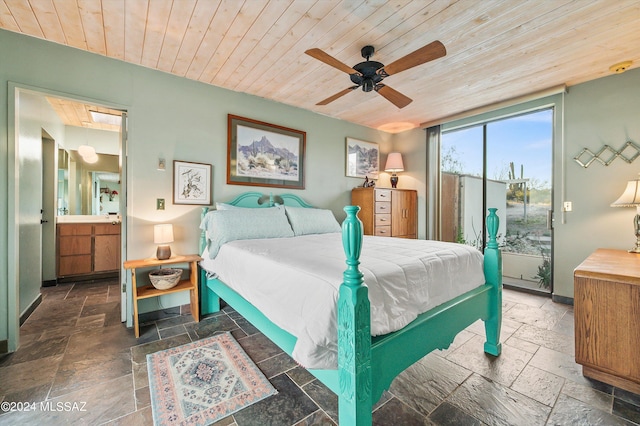 bedroom featuring ceiling fan, wood ceiling, ensuite bathroom, and access to outside