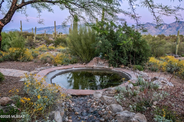 view of swimming pool featuring a garden pond and a mountain view