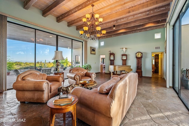 living room featuring beam ceiling, wood ceiling, and an inviting chandelier