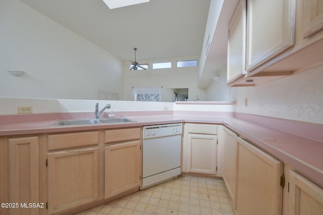 kitchen with white dishwasher, ceiling fan, sink, and light brown cabinetry